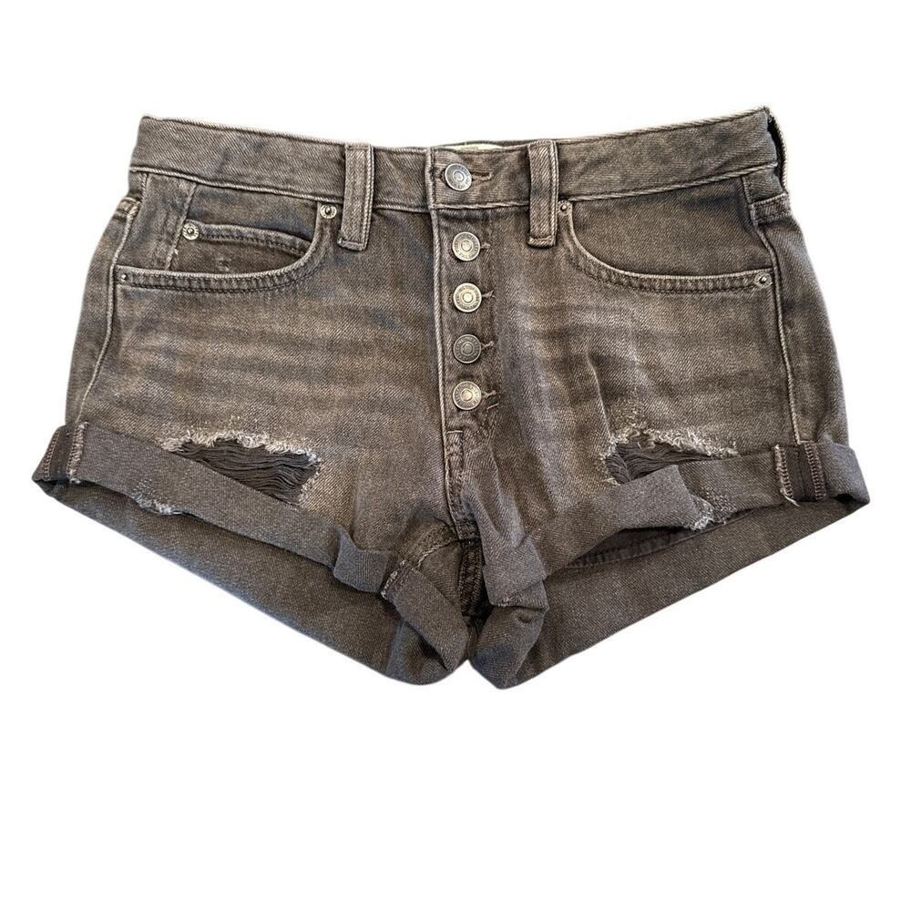 We The Free Womens Boho Denim Shorty Shorts Distressed Open Fly 25 Black‎ Grey